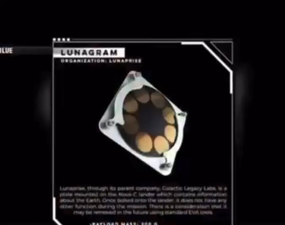A glowing shape inscribed into the titanium plaque of the payload.